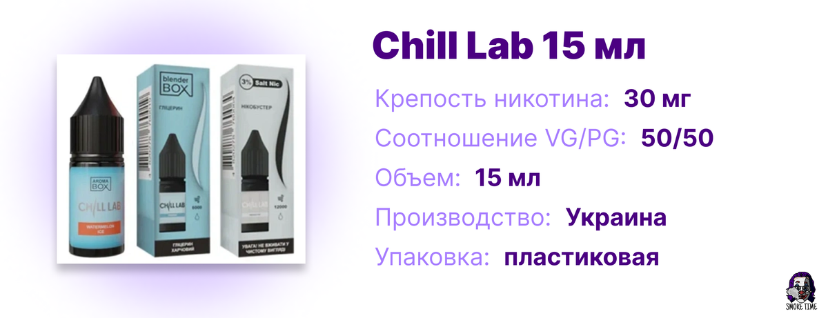 Характеристики Chill Lab 15 мл солевом никотине 15 мл